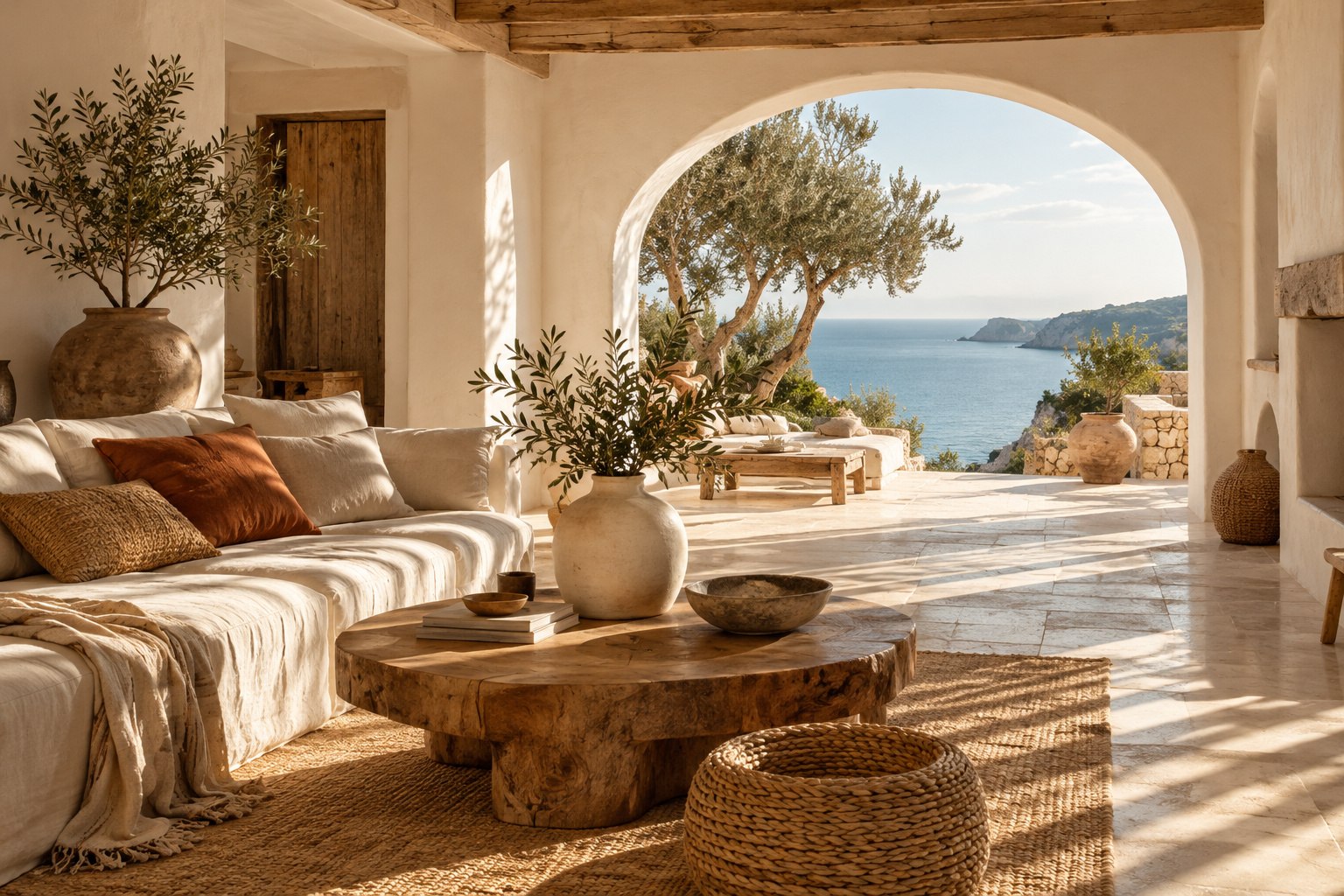 Wohnimpression eines warmen Ibiza-Interieurs mit natürlichen Materialien