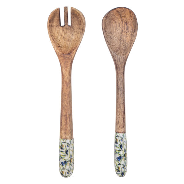 Löffel- und Gabelset aus Mangoholz mit Olivenmotiv
