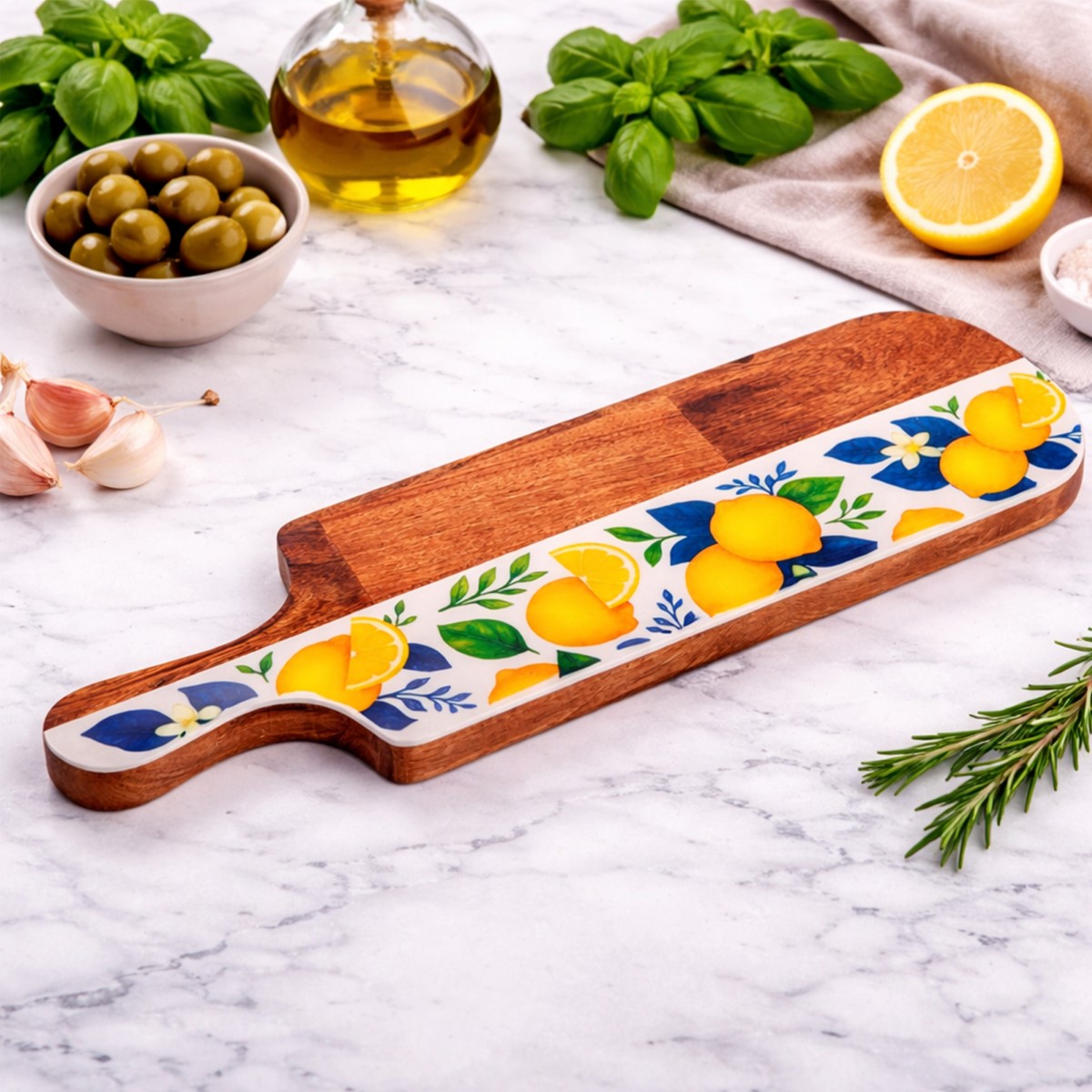 Snijplank met citroenmotief 49 × 15 × 2 cm, Artikel 39325, in einem mediterranen Wohnambiente