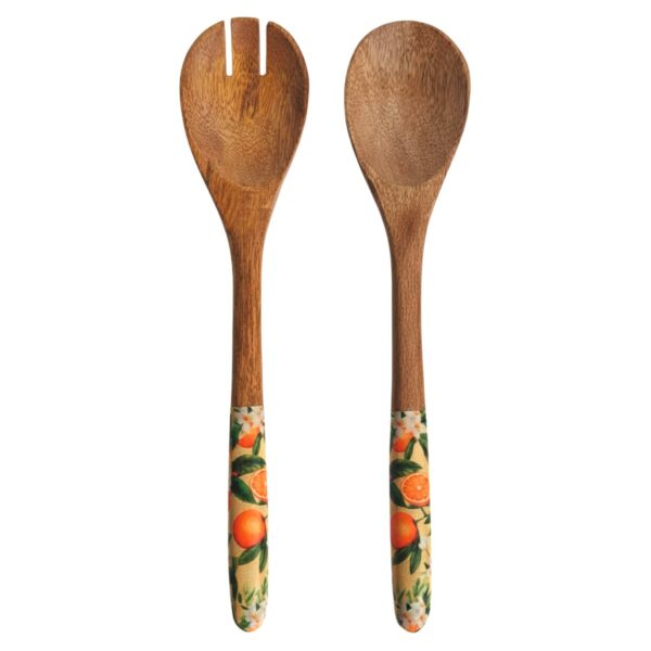 Löffel- und Gabelset mit Orangenmotiv aus Holz und Harz