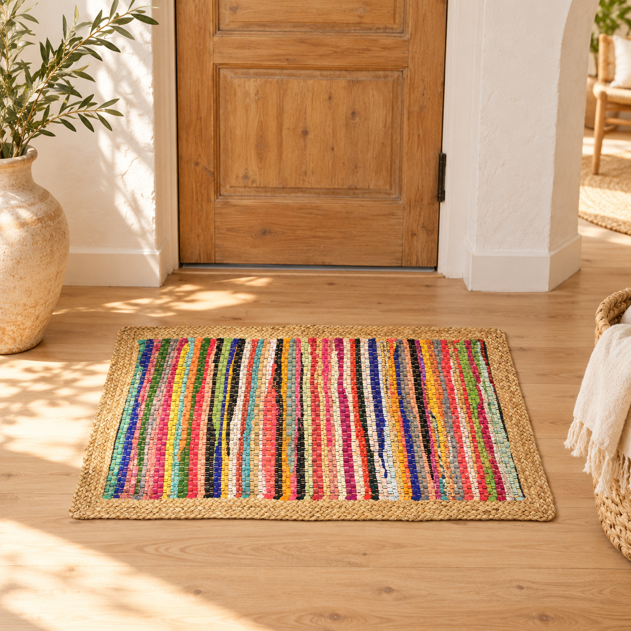 Handgefertigter Baumwoll-Jute-Teppich 80 × 50 cm, Artikel 32953, in einem mediterranen Wohnambiente