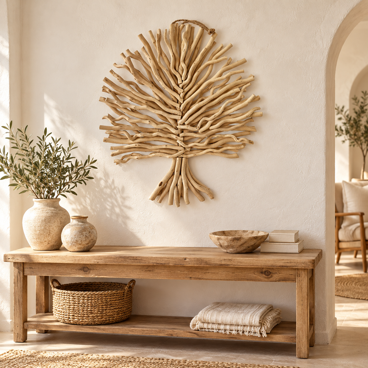 Wanddeko Baum aus Maulbeerholz, Artikel 33108, in einem mediterranen Wohnambiente