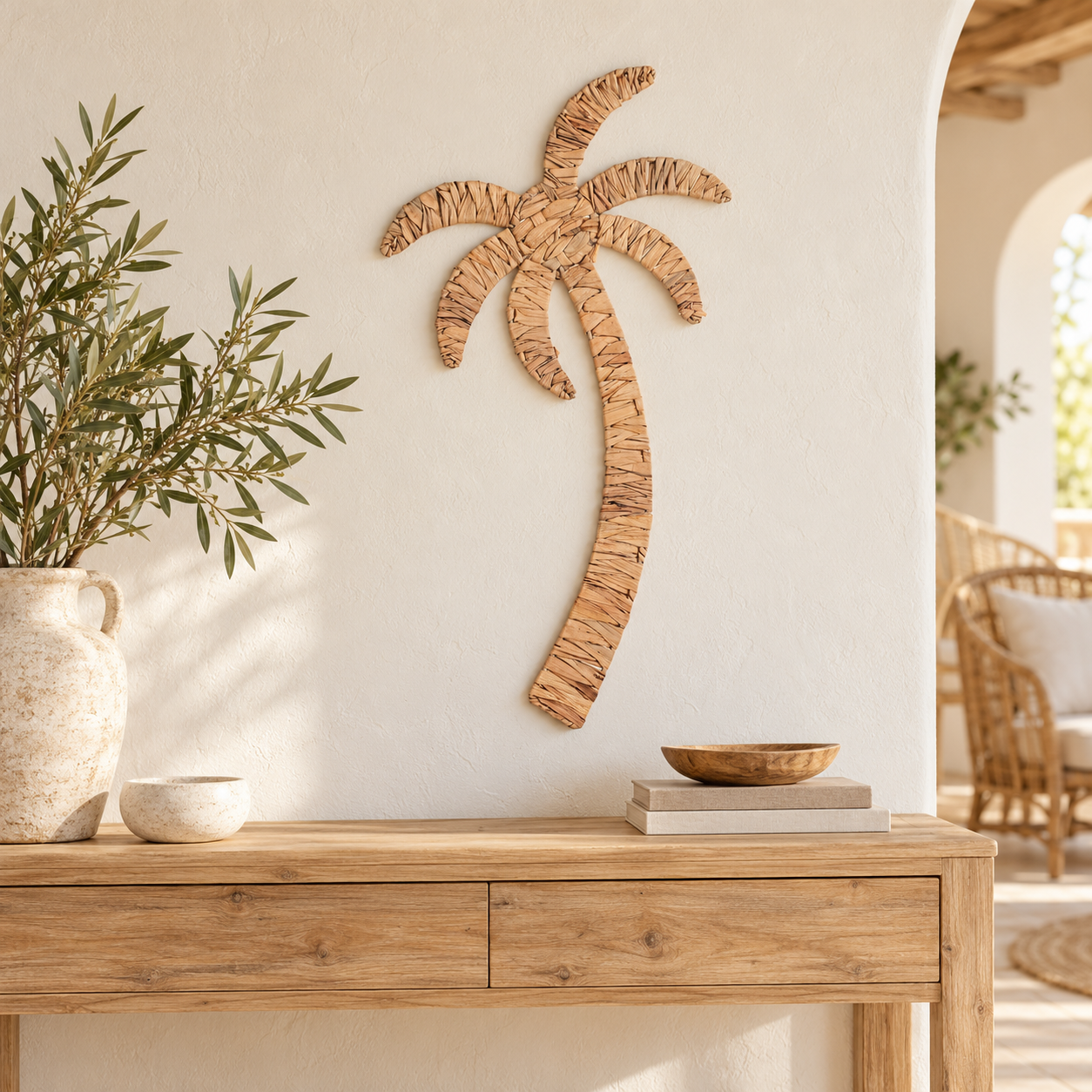 Wanddeko Palme aus Wasserhyazinthe, Artikel 33211, in einem mediterranen Wohnambiente